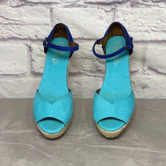 Toms Turquoise Canvas Ankle Strap Espadrille Wedges - Picture 3 of 5